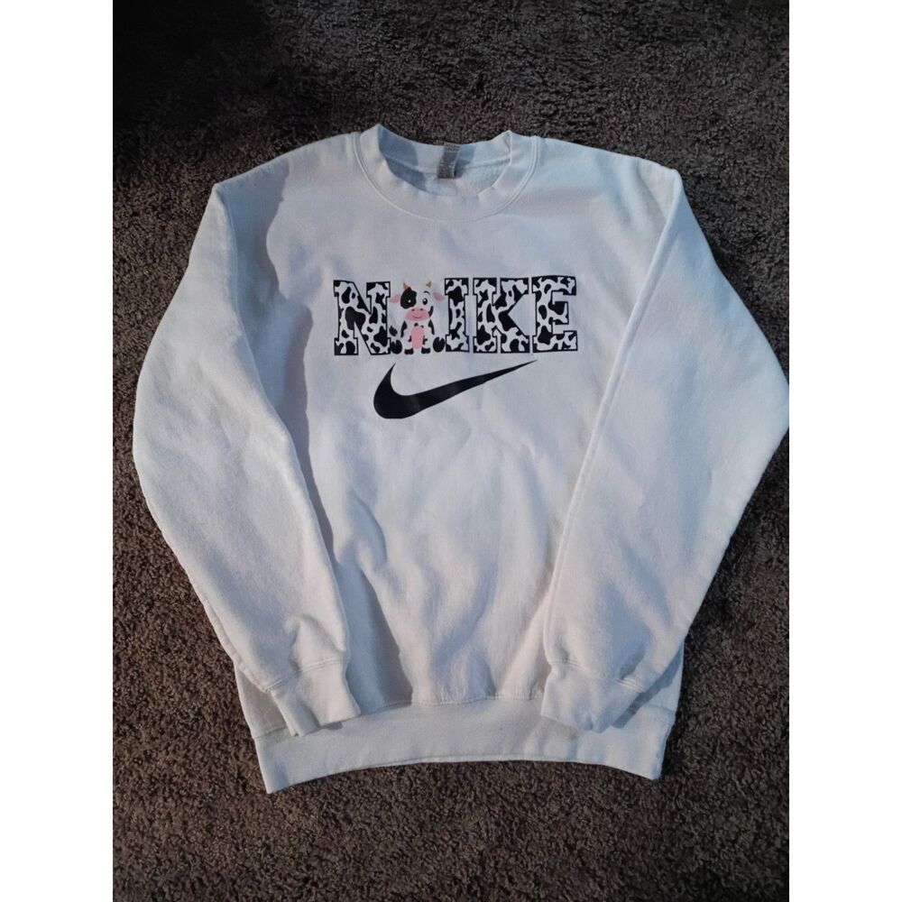 Custom Cow Print Nike Graphic Crewneck Sweatshirt Small White Fall Vibe